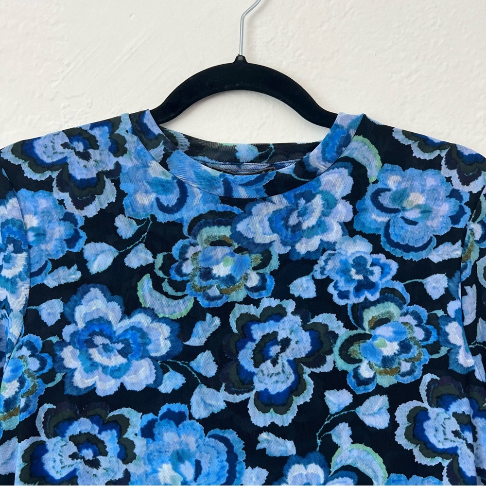 Johnny Was Blue Calanthe Mesh Top Allover Floral Print Stretchy Lg - Picture 3 of 9